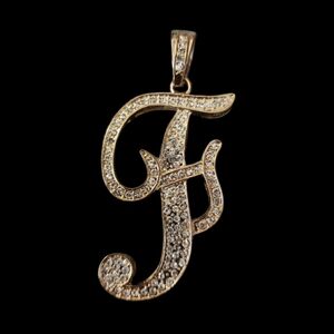 F Initial Large Cursive Pendant Necklace Gold Tone Bling Flashy Iced Out